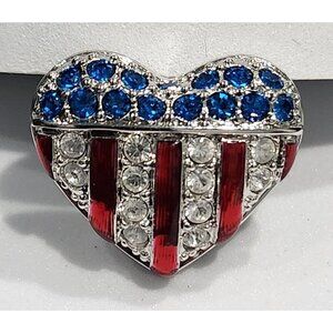 Swarovski Patriotic Crystal Heart Brooch Pin W/Red White & Blue Crystals